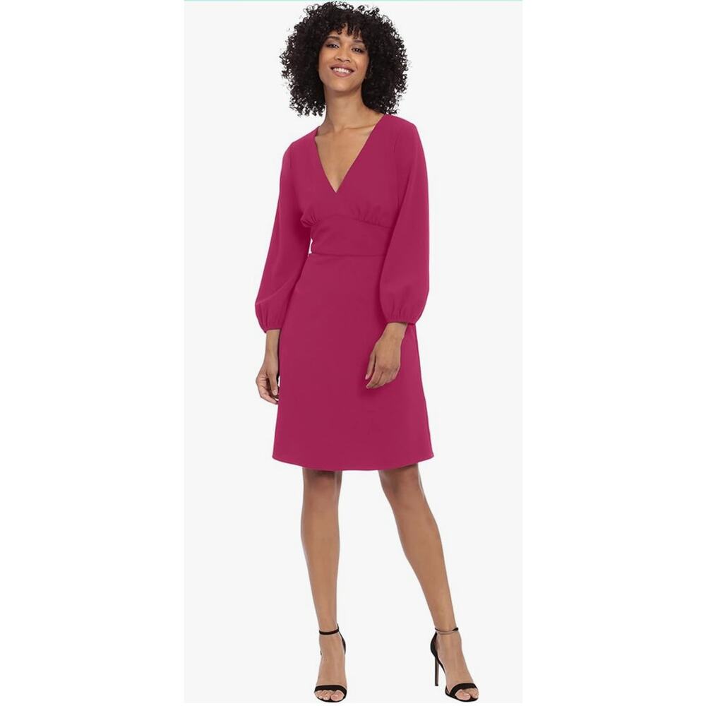 Donna Morgan New Womens Long Sleeve V Neck Fit and Flare Dress Hot Pink 4 Preppy